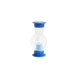 A blue and clear sand timer with a round centre, designed to measure three minutes.