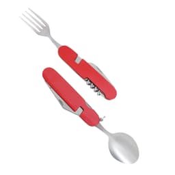 A multi-functional camping cutlery tool in red, featuring a fork, spoon, and corkscrew with a textured grip.