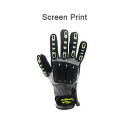 Heavy duty safety work glove with a grey and black design, featuring lime green accents and a palm guard.