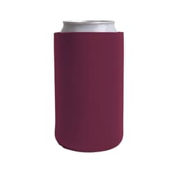 A drink bottle holder in a deep burgundy colour, designed to fit standard cans. It features a branding logo.
