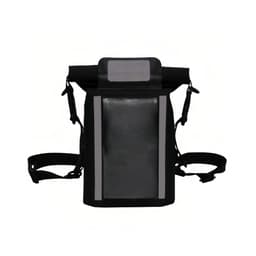 A waterproof black crossbody handlebar bag with grey reflective strips and adjustable straps. It features a clear pocket on the front.