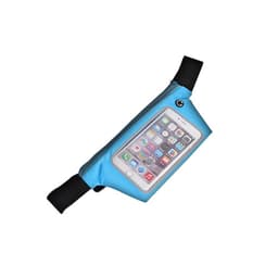 A blue waist bag featuring a clear phone pocket and adjustable straps. It has a logo on the surface.