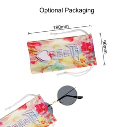 Retro round sunglasses in black, accompanied by a colourful pouch featuring a logo. Ideal for leisure and outdoor activities.