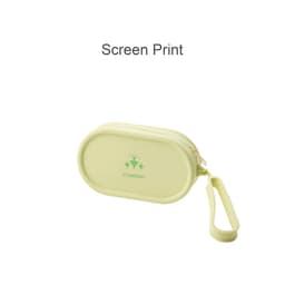 A round, light green silicone storage bag with a zipper and a handle, featuring a logo on the front.