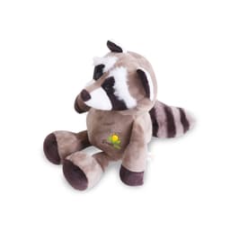 A brown and grey raccoon plush toy with black eyes and a fluffy tail, featuring a small logo.