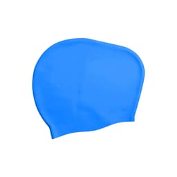 A blue silicone swim cap designed for women with long hair, featuring a smooth texture and a simple design.