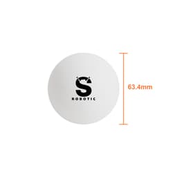 A white lacrosse ball with a logo, measuring 63.4mm in diameter, displayed against a plain background.