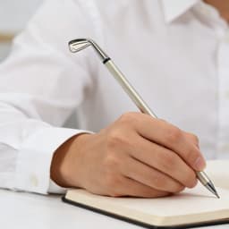 A golf club-shaped pen in silver, held by a person writing in a notebook. The setting features neutral colours.