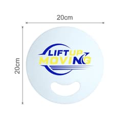 A custom-shaped white PP fan without handles, featuring a logo in blue and yellow. Measures 20cm in diameter.