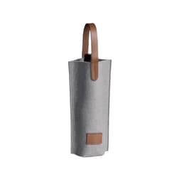 A drink bottle bag made of grey felt with a brown leather handle and accent.