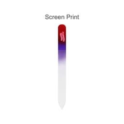 A gradient coloured glass nail file featuring a purple to red fade. It has a branded logo on the handle.