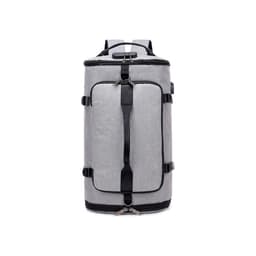 A grey convertible bucket backpack duffel bag with black accents and a logo. Features adjustable straps and zippers.