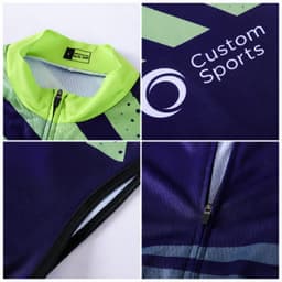 A cycling vest in purple and green with a zip closure and a logo, featuring a graphic design.