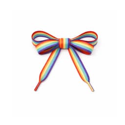 A rainbow-coloured bow made of striped fabric, featuring vibrant hues of red, orange, yellow, green, blue, and purple.