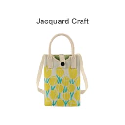 A knitted phone crossbody bag featuring a floral design in yellow and green, with a cream handle and a logo.