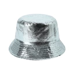 A silver bucket hat with a shiny, glittery finish and a textured surface. It features a logo.