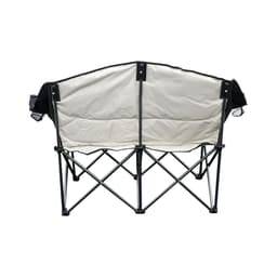 A foldable portable camping chair in black and cream, featuring a sturdy metal frame and backrest.