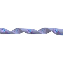 A satin polyester ribbon featuring full-colour prints in shades of purple and blue, with a logo design.