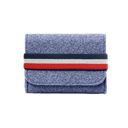 A grey felt organiser with a striped elastic band in navy, white, and red, featuring a logo on the front.