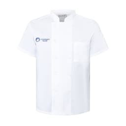 A white short-sleeved double-breasted chef jacket with a chest pocket and a logo on the front.
