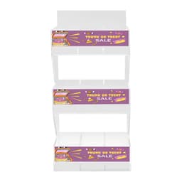 A clear acrylic display stand with three levels, featuring vibrant, eye-catching graphics and a logo.