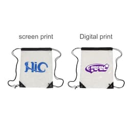 Clear PVC drawstring bag in transparent with black corners, featuring two different prints. One has a blue logo, the other a purple design.