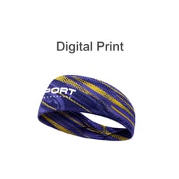 A patterned purple and yellow headband made of brushed polyester, featuring a logo.
