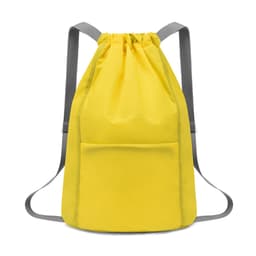 A yellow bucket drawstring backpack with grey straps and a front pocket. Features a simple, minimalist design.