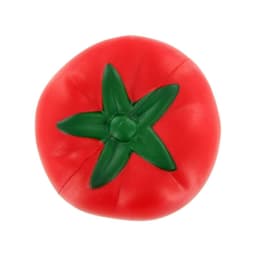 A red tomato-shaped stress reliever with a green stem. It has a smooth texture and a vibrant colour.