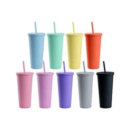 A collection of 10 matte plastic cups in various colours, each with a lid and straw, featuring a logo.