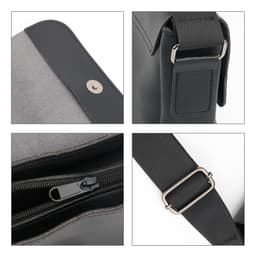 A polyurethane shoulder bag in grey and black, featuring a zipper, snap closure, and an adjustable strap.