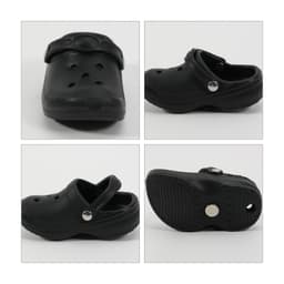 A set of four images featuring black clog shoes from different angles, showcasing a logo on the side.