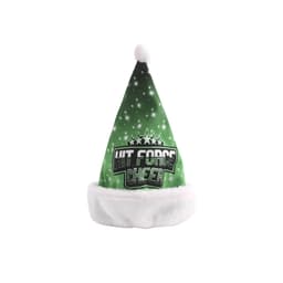 A green premium Santa hat with a white faux fur trim and a logo on the front, featuring a starry design.