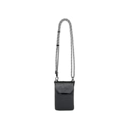 A minimalist grey crossbody phone bag with a patterned strap and a front pocket. It features a logo.
