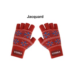 Red jacquard fingerless gloves with blue snowflake patterns and a logo on the wrist.