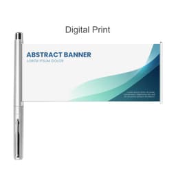 A promotional pen with a silver barrel and a retractable banner in blue and white design.