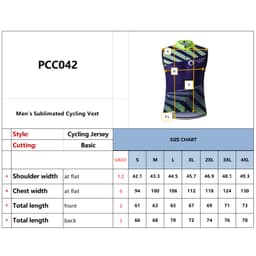 Men's sublimated cycling vest in blue and green, featuring a design with a logo and a detailed size chart.