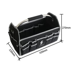 A black tool carrier bag with grey accents, featuring multiple pockets and a metal handle.