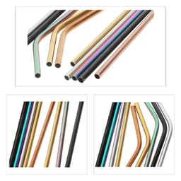 A collection of stainless steel straws in various colours, including gold, copper, black, and rainbow finishes.