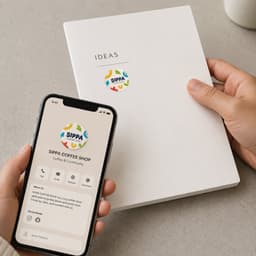 A person holding a phone displaying a coffee shop profile next to a white notebook with a colourful sticker.