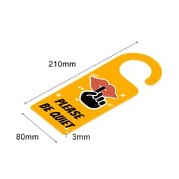 A custom-shaped acrylic door hanger in yellow, featuring a design with red lips and a finger over a mouth.