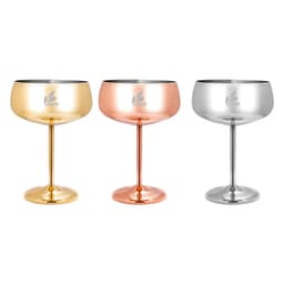 A set of three stainless steel cocktail coupes in gold, rose gold, and silver finishes, each with a pedestal base.