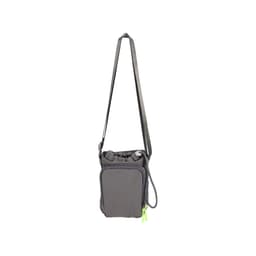 A drink bottle holder with a strap in grey and bright green accents, featuring a zipped pocket and a logo.