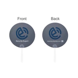 A custom-shaped polypropylene hand fan featuring a circular grey design with a white handle and a logo.