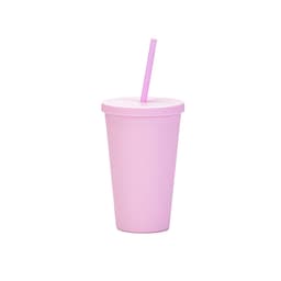 A pink matte plastic cup with a lid and straw. Includes a logo.