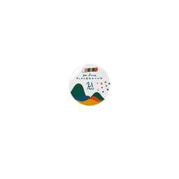 A round plate featuring a colourful abstract design with mountains and dots, alongside handwritten text.
