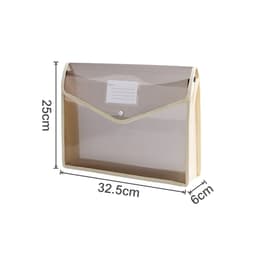 A transparent expanding document folder in beige, featuring a button closure and measurement details.