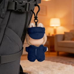 A plush doll dressed in a navy racing suit hangs from a backpack, featuring bunny ears and a cap.