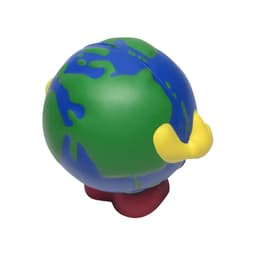 A cartoon-style stress reliever shaped like Earth, featuring blue and green colours with yellow hands and red feet.