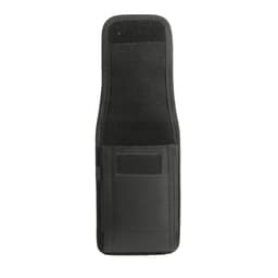 A black phone pouch with a belt clip, featuring a textured surface and a separate pocket.
